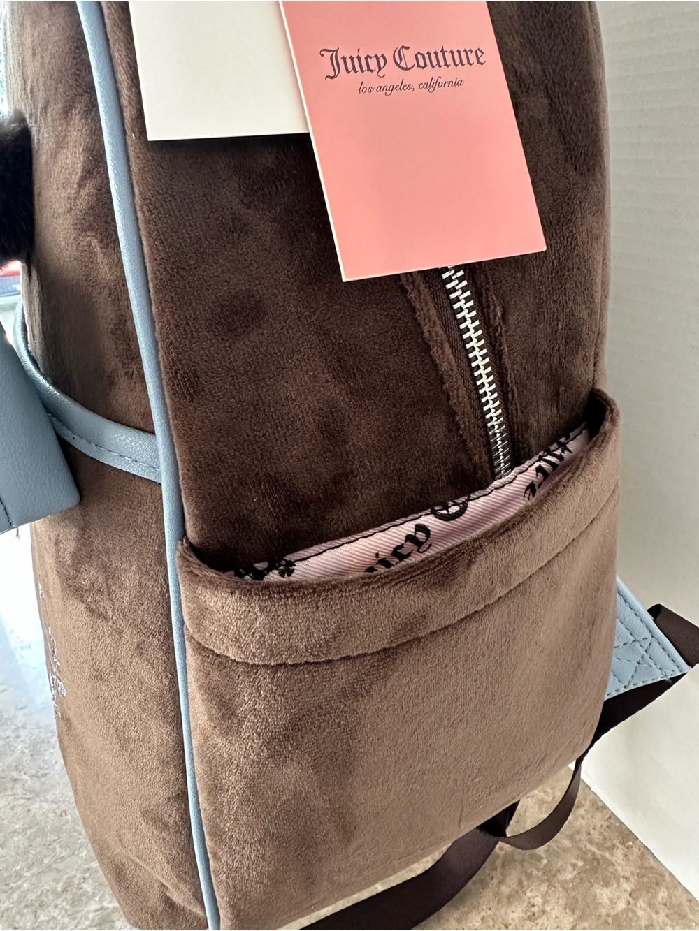 NWT Juicy Couture Bag New Love Chapter Velvet Backpack Brown & Blue Scottie Dog - Picture 4 of 11
